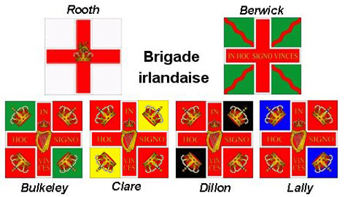 Flags of the French "Brigade irlandaise" (Berwick, Bulkeley, Clare, Dillon, Lally, and Rooth regiments) - Expédition Particulière • Alliance between France and the USA to win the American War of Independence
